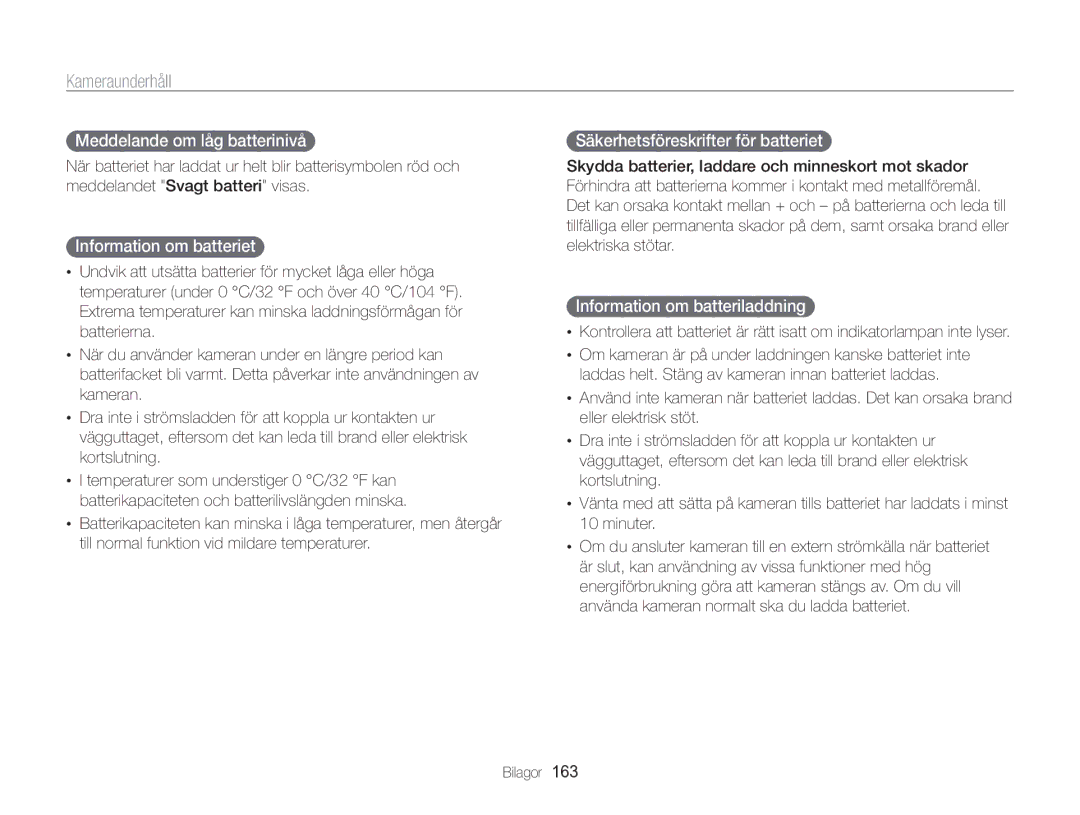 Samsung EC-WB850FBPBE2 Meddelande om låg batterinivå , Information om batteriet , Säkerhetsföreskrifter för batteriet  